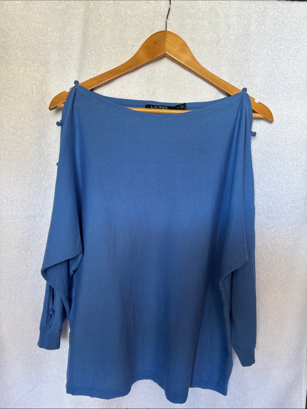 Ralph Lauren Blue Boatneck Button-Sleeve  Lightweight Sweater w/ button sleeves